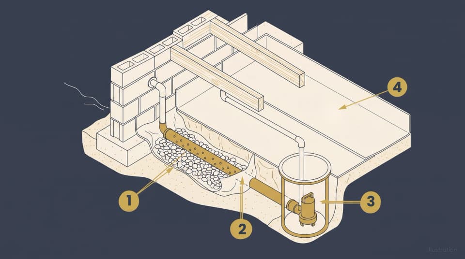 Isometric diagram of a crawl space drainage system, showing a perforated pipe in gravel running to a sump basin with a vapor barrier over the floor