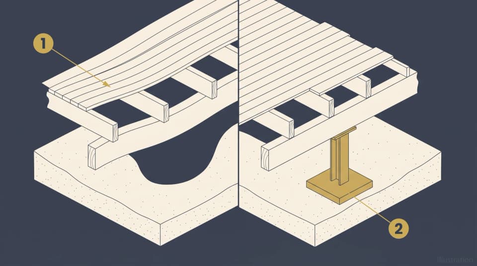 Isometric diagram comparing a sagging floor with no support beneath it to the same floor held level by a steel column standing on a concrete footing pad