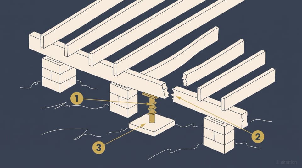 Isometric diagram of temporary support under a house floor, showing an adjustable steel post on a concrete pad holding a girder that has failed