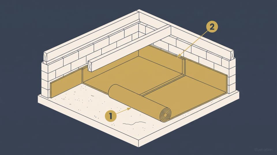 Isometric diagram of vapor barrier installation in a crawl space, showing a roll of sheeting part way across the floor with bare ground ahead of it and the laid sheeting carried up the foundation wall behind