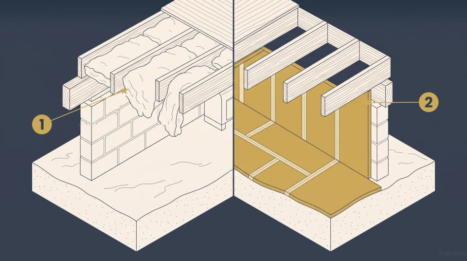 Isometric diagram comparing two crawl space insulation methods, showing batt insulation falling from between floor joists beside rigid foam board fitted against the foundation wall