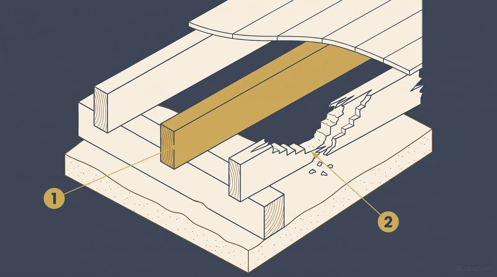 Isometric diagram of wood treatment under a house floor, showing a treated sound joist beside an untreated joist with a section eaten away by decay