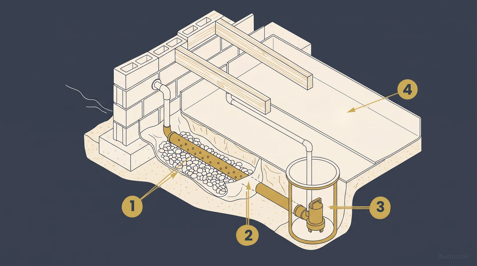 Isometric diagram of a crawl space drainage system, showing a perforated pipe in gravel running to a sump basin with a vapor barrier over the floor