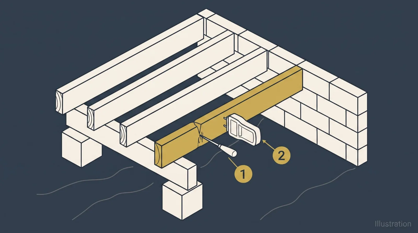 Isometric diagram of a crawl space assessment, showing an awl probe and a moisture meter in contact with a floor joist