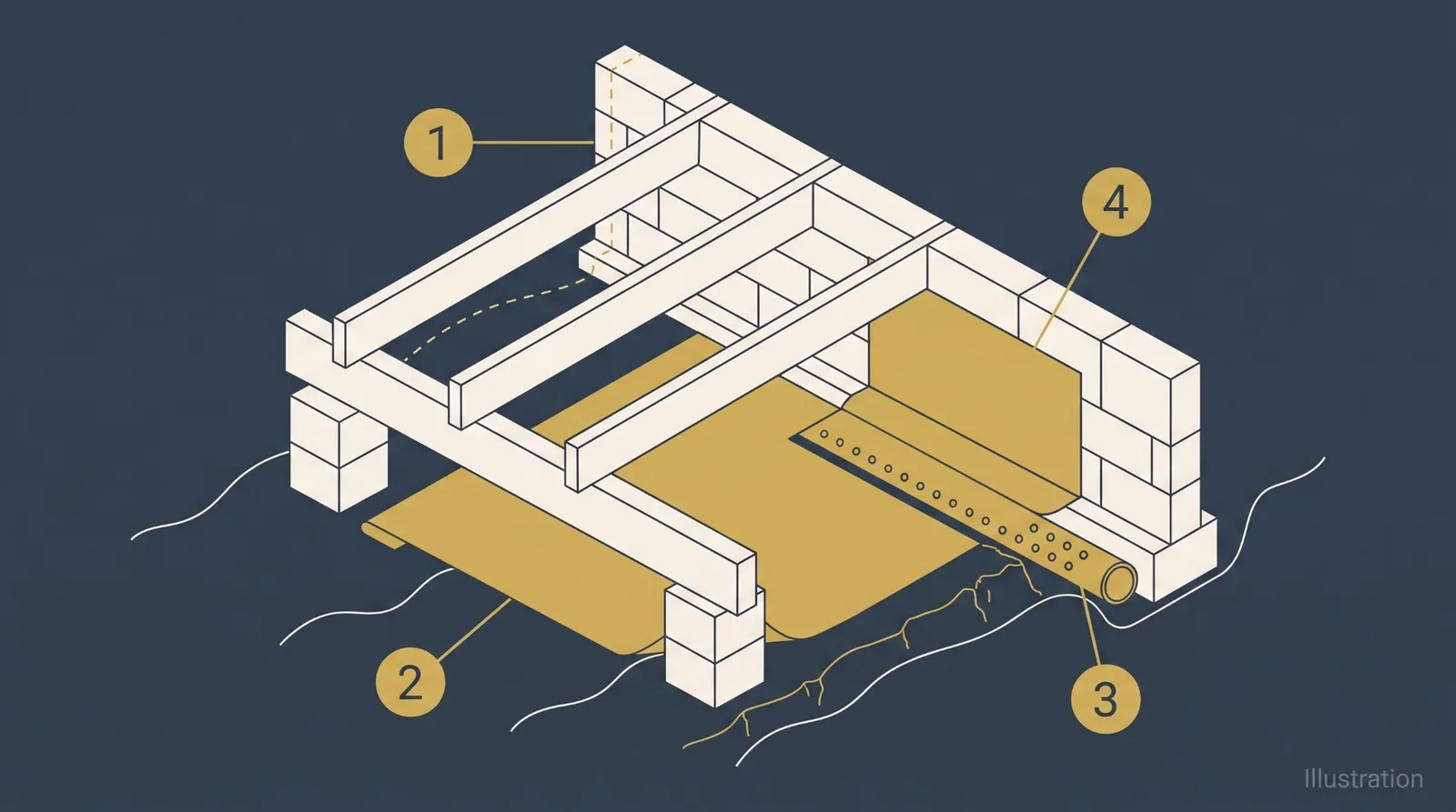 Isometric diagram of crawl space moisture remediation, showing the moisture path and the barrier, drainage and wall liner that address it