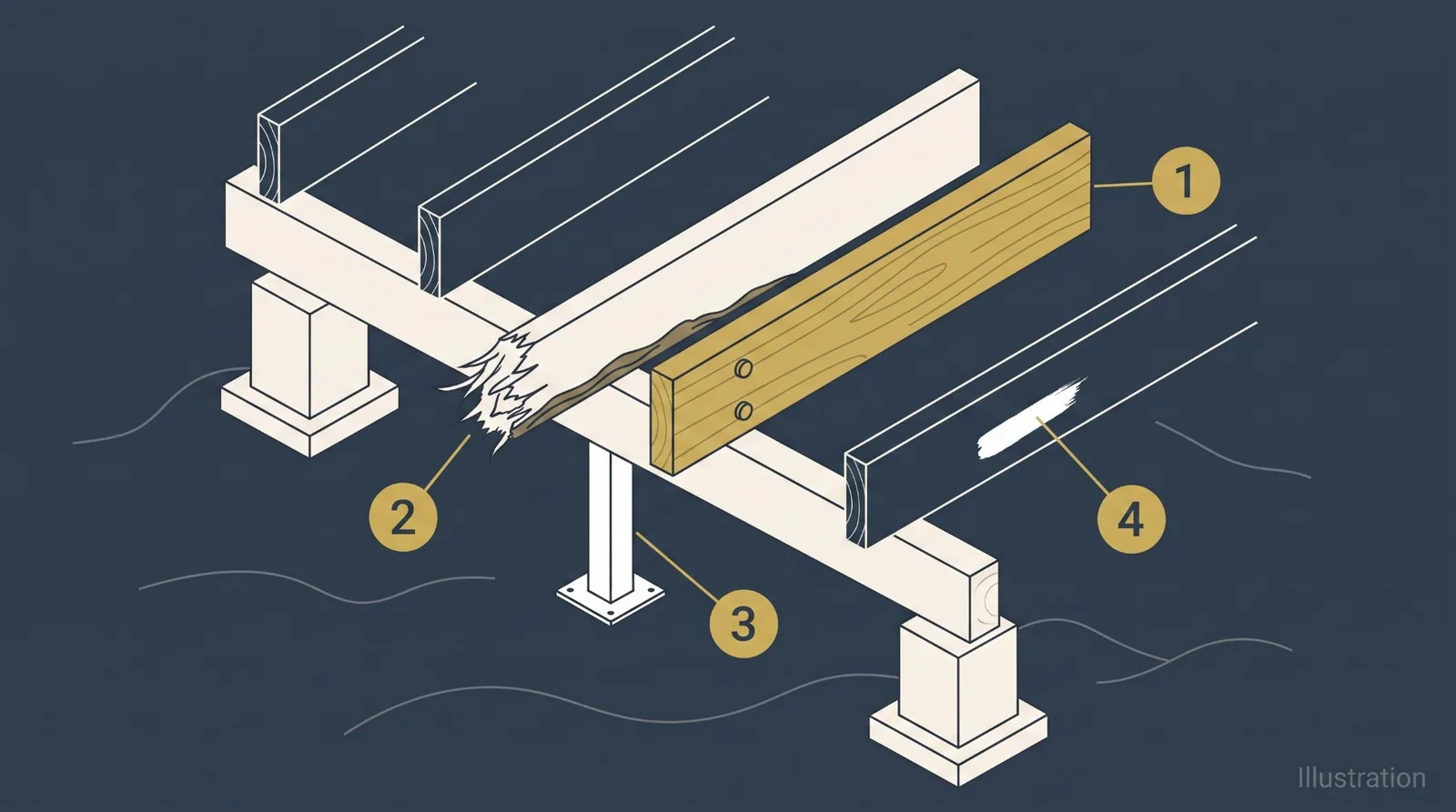 Isometric diagram of crawl space wood replacement, showing a sister joist bolted alongside a decayed joist with temporary shoring beneath