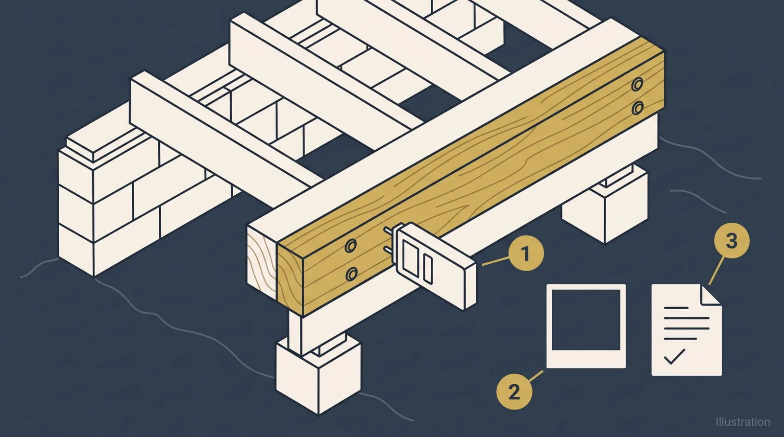 Isometric diagram of completed crawl space work, showing a moisture reading on new lumber alongside project documentation