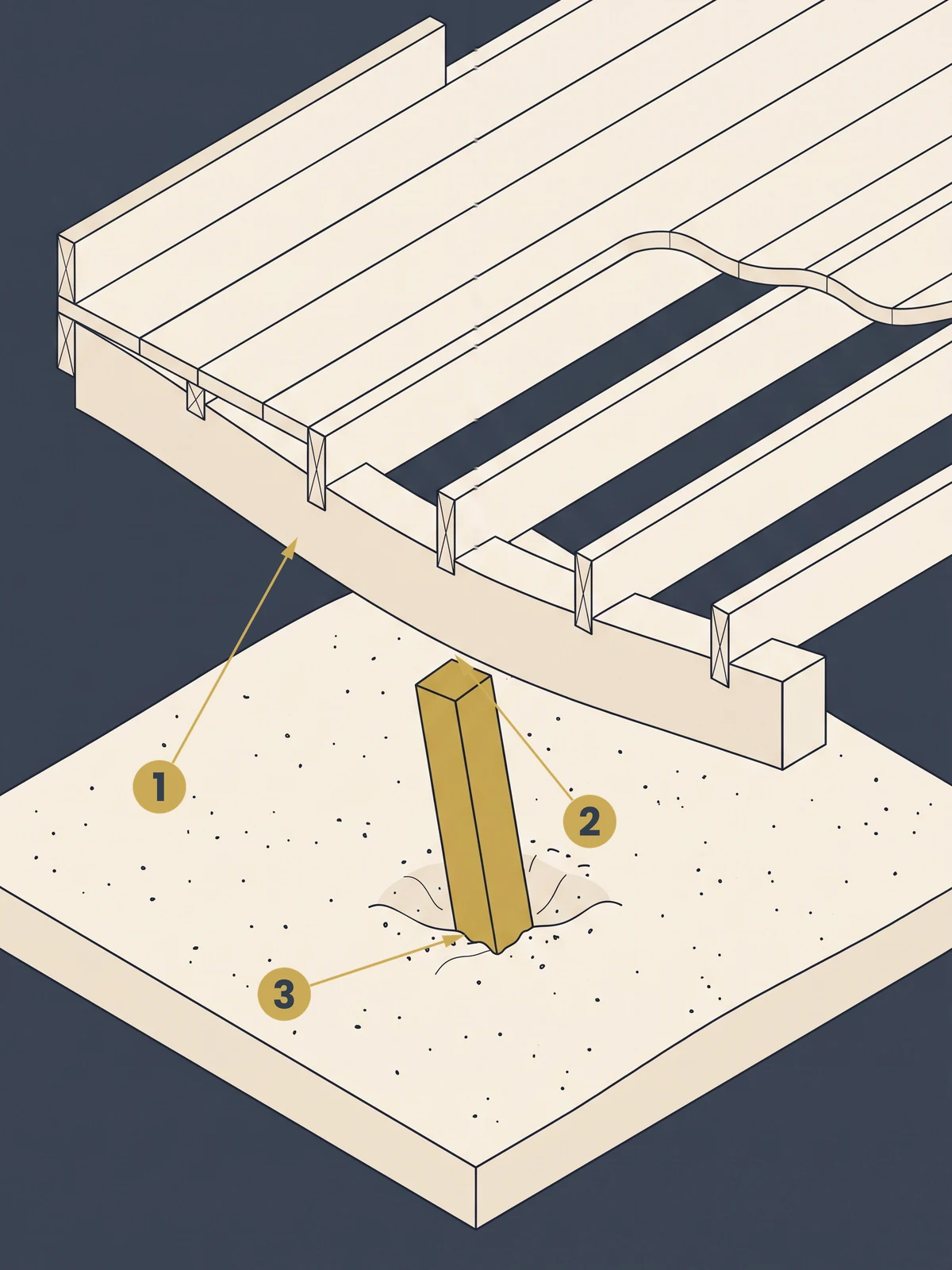 Isometric cutaway diagram of a crawl space, showing a carrying beam sagging above a leaning wooden post that has sunk into bare soil and no longer reaches the beam