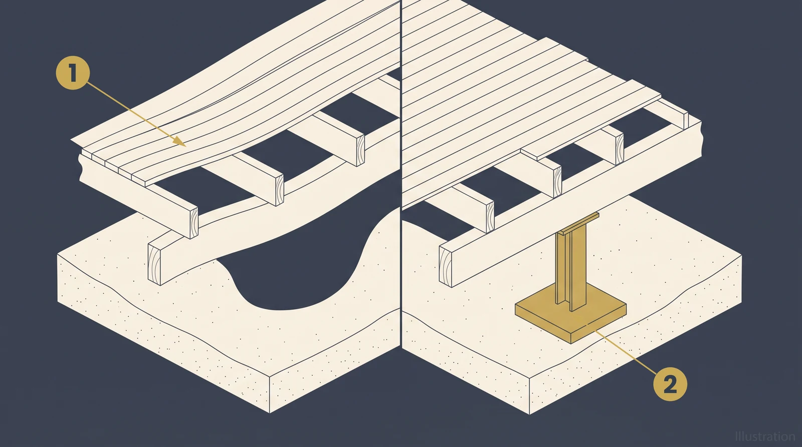 Isometric diagram comparing a sagging floor with no support beneath it to the same floor held level by a steel column standing on a concrete footing pad