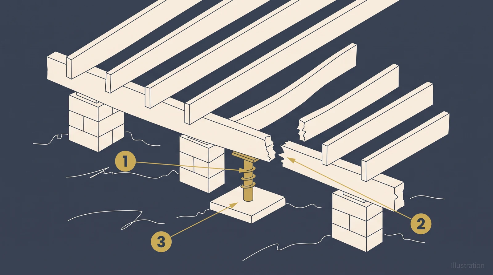 Isometric diagram of temporary support under a house floor, showing an adjustable steel post on a concrete pad holding a girder that has failed
