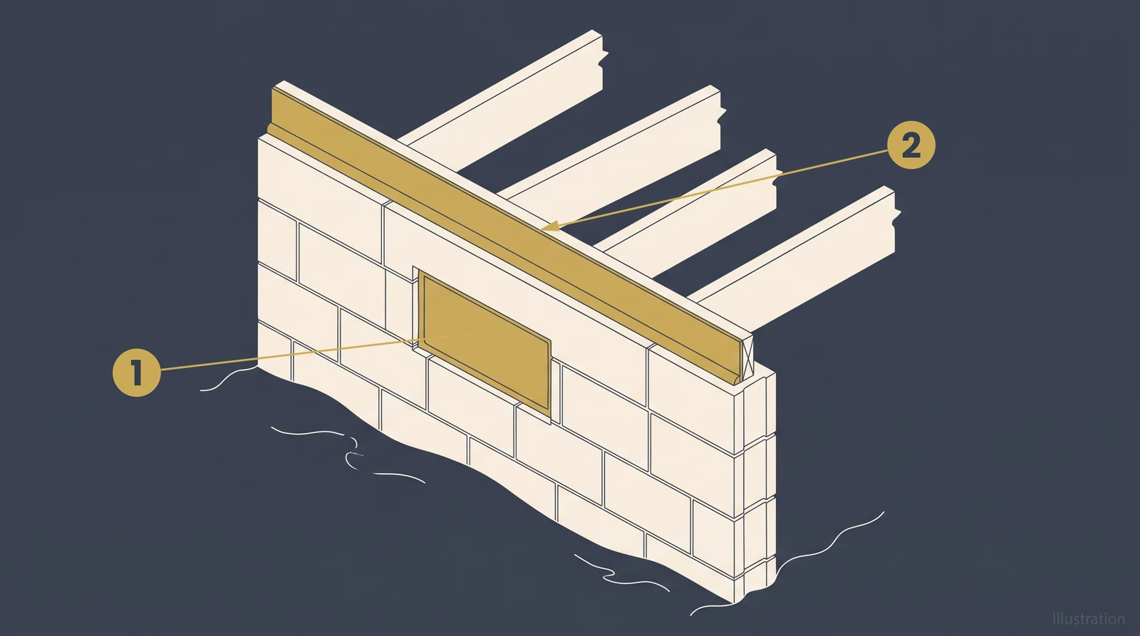 Isometric diagram of a sealed crawl space wall, showing a rigid panel fitted into a foundation vent opening and an insulation strip across the rim joist above it