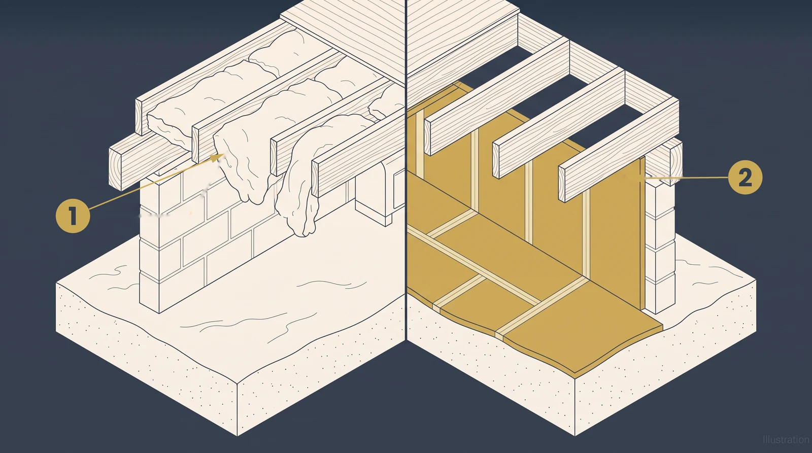 Isometric diagram comparing two crawl space insulation methods, showing batt insulation falling from between floor joists beside rigid foam board fitted against the foundation wall