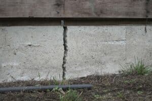 Close-up of a deep residential house foundation crack