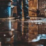 worker inspecting flood damage in a basement