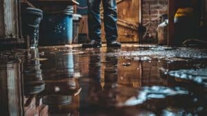 worker inspecting flood damage in a basement