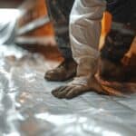 worker installing a vapor barrier in a crawl space