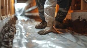 worker installing a vapor barrier in a crawl space